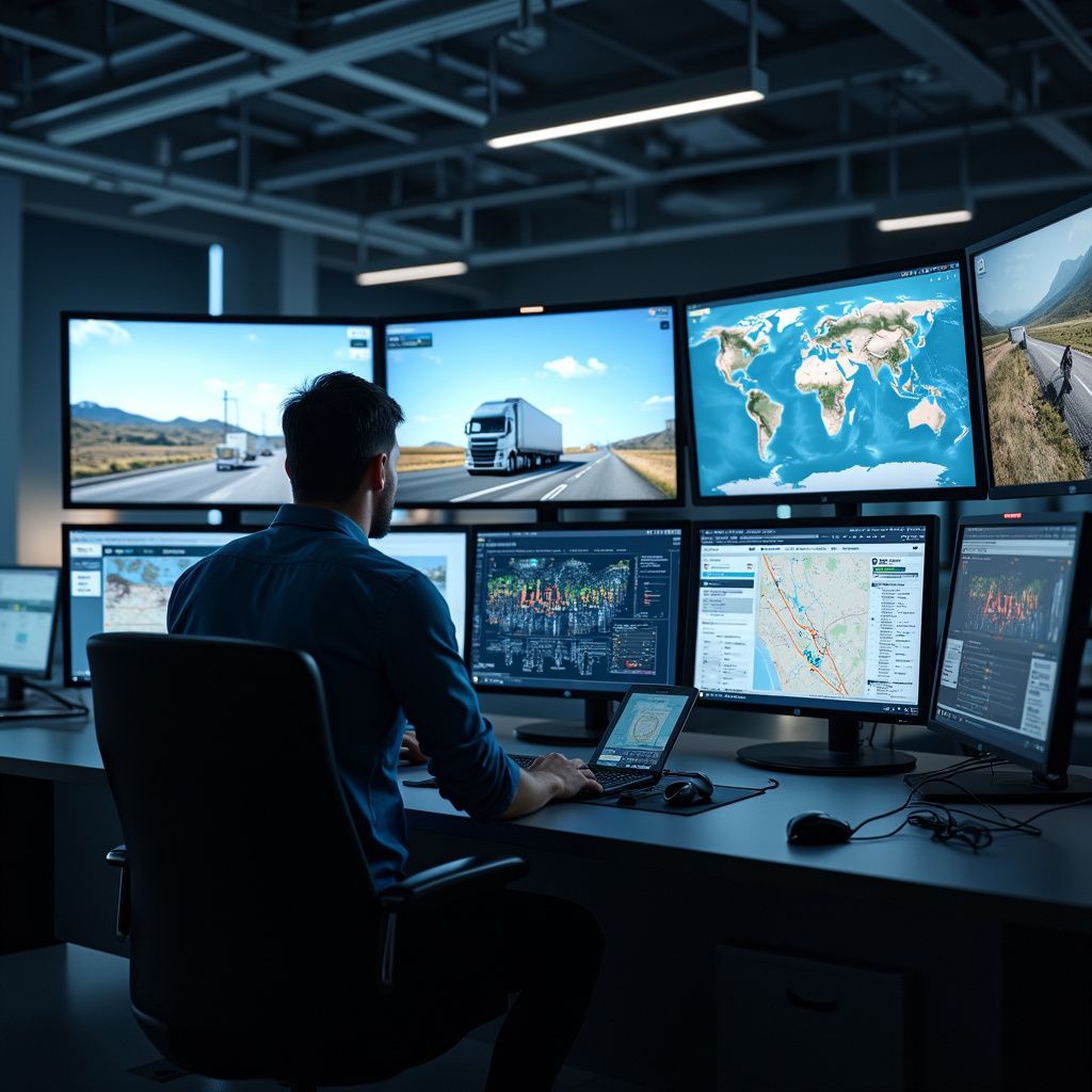 Man at a desk in a control room, monitoring multiple screens with data and maps, focused and attentive.