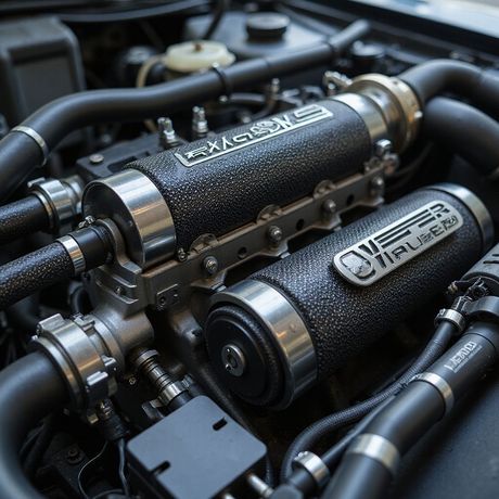 Close-up of a car engine with a custom air intake system, featuring metallic cylinders and black piping.