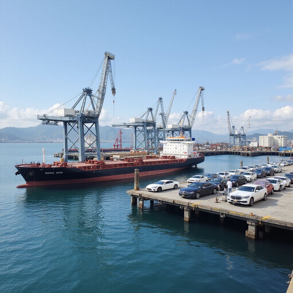 Cargo ship docked at a port with large cranes, cars parked on the pier, and a clear blue sky.