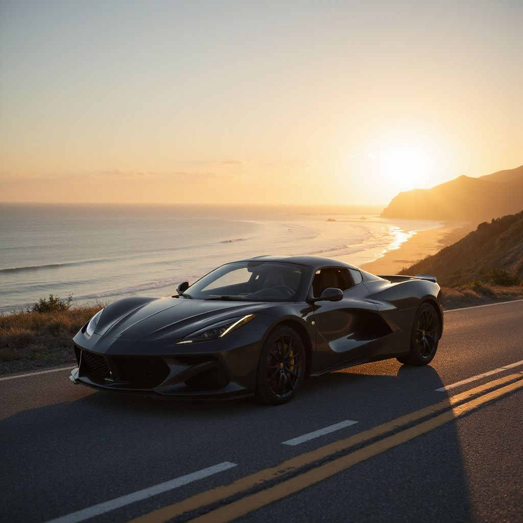 Dark gray sports car driving on a coastal road at sunset.