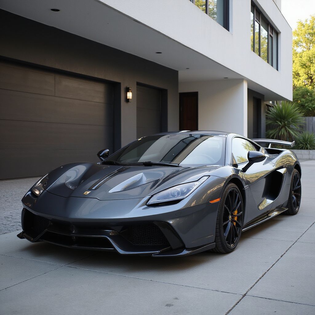 Gray Lamborghini parked in front of a modern house with gray garage doors.