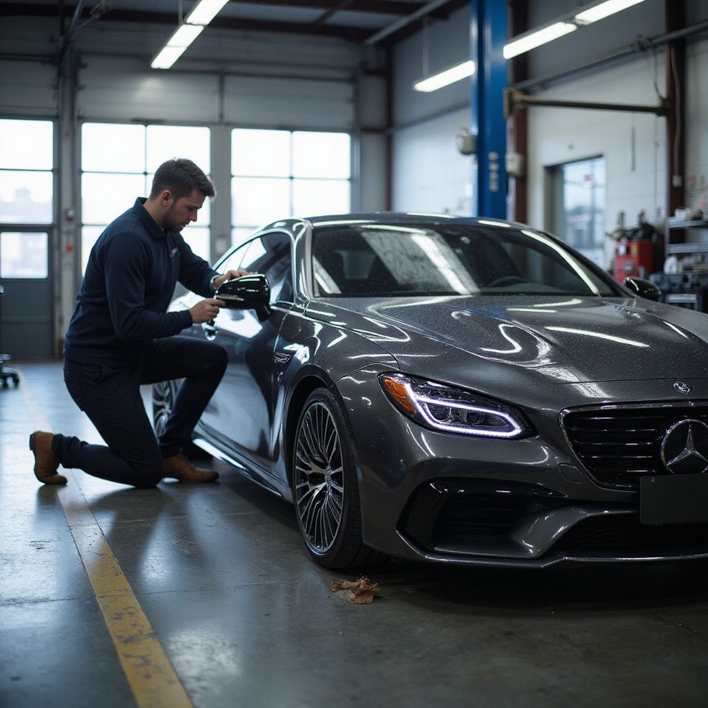 Man inspecting a dark gray Mercedes-Benz car in a garage, kneeling by the side mirror.