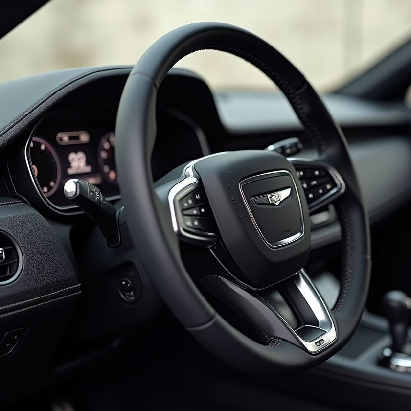Black leather steering wheel and dashboard of a car.