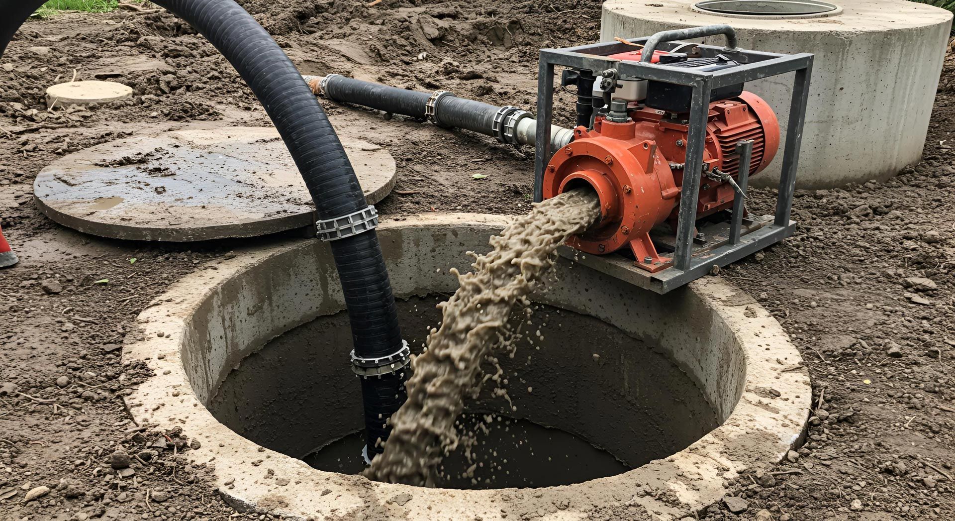 Septic tank cleaning process with pump truck aiding lift station maintenance and flow control.