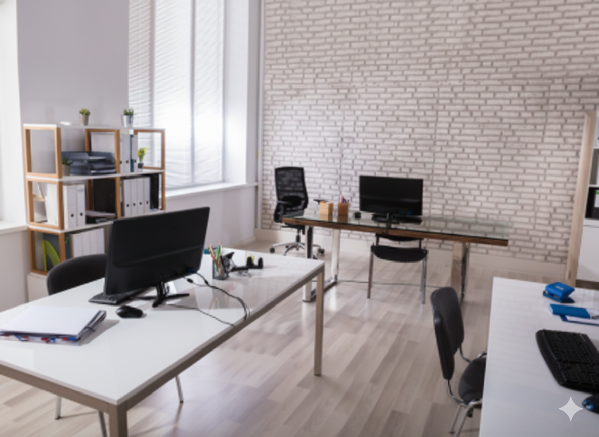 Modern office space with desks, computers, chairs, a brick wall, and a window with blinds.