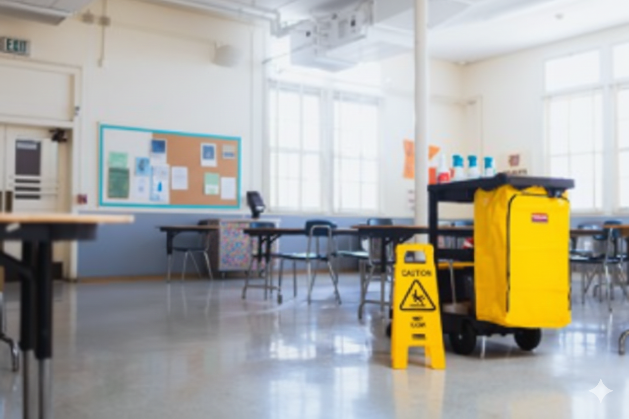 Yellow cleaning cart in a classroom, with a caution sign on the shiny floor.