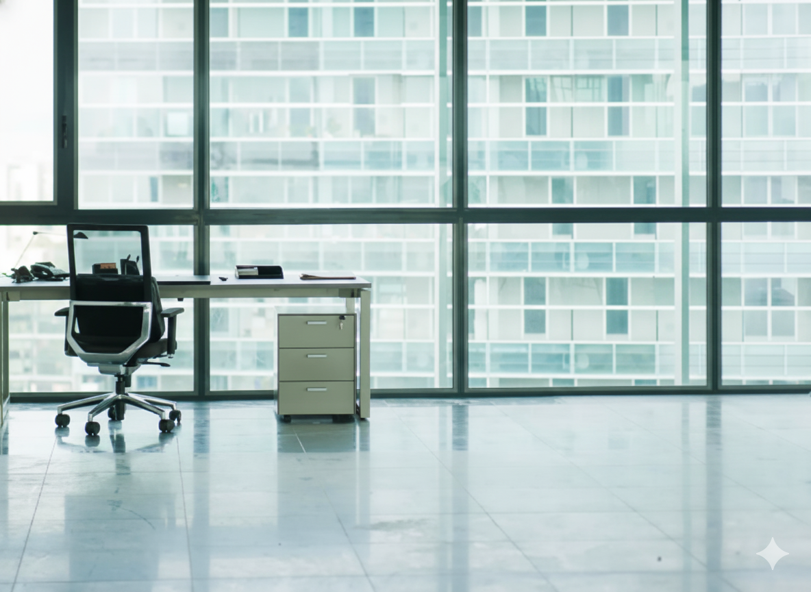 Empty office with large windows, desk, chair, and filing cabinet.