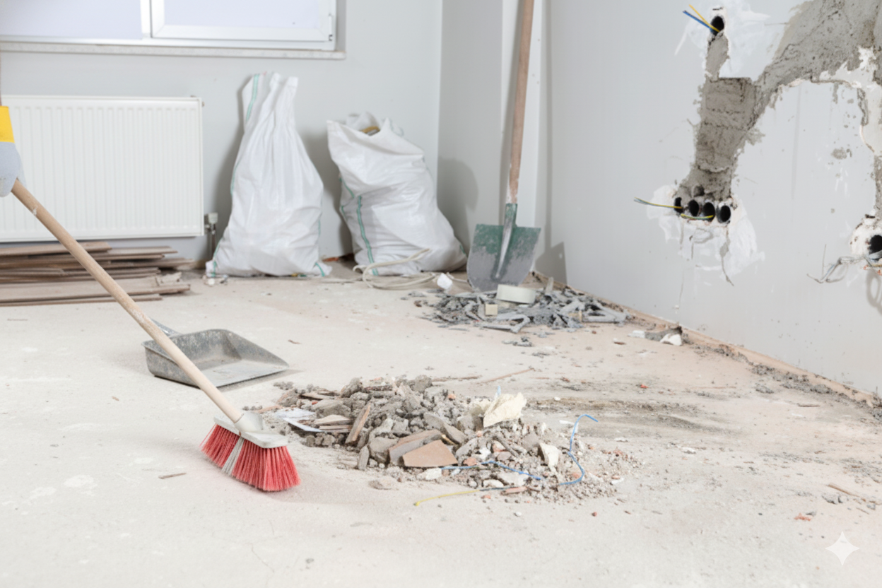 Room under renovation, being swept. Debris piles on floor, bags of material against wall, shovel nearby.