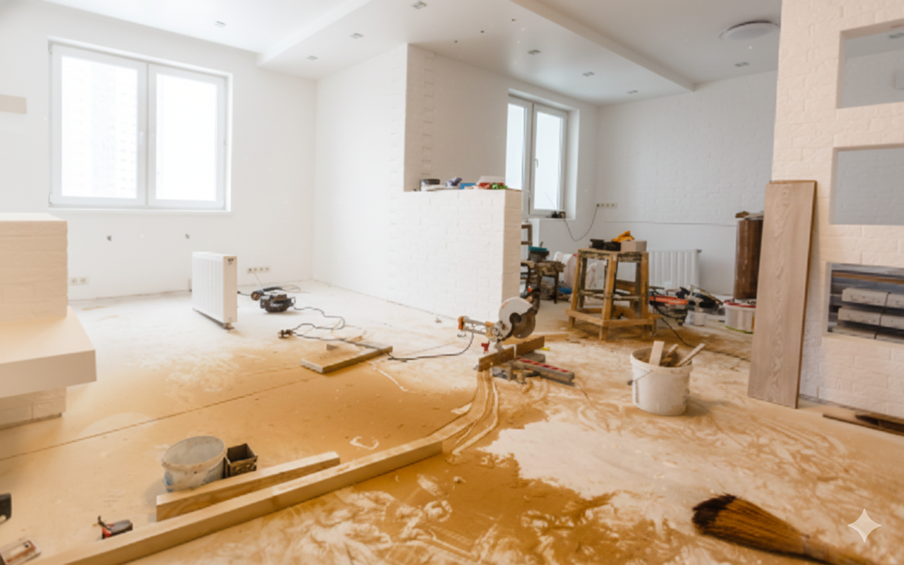 Room under construction with sawdust, tools, and materials strewn about.