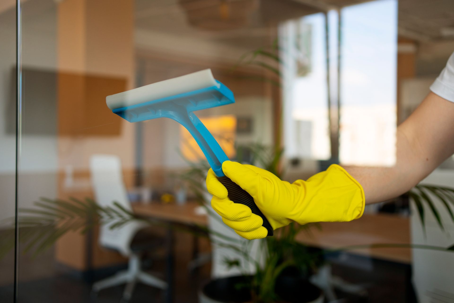 Person in yellow glove uses a blue squeegee on glass window in an office setting.