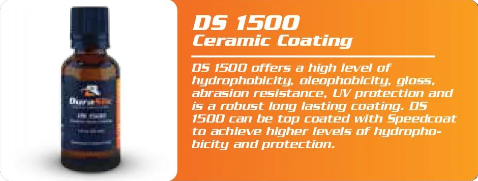 A bottle of DuraSlic DS 1500 ceramic coating next to a text box describing its protective properties.