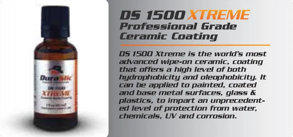 A bottle of DuraSlic DS 1500 Xtreme professional ceramic coating beside text describing its protective properties.