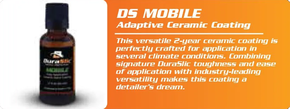A bottle of DuraSlic DS Mobile ceramic coating next to an orange text block describing the product's 2-year durability.