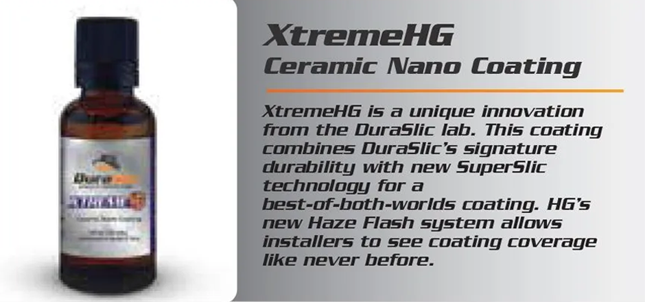 A bottle of DuraSlic XtremeHG Ceramic Nano Coating next to its product description highlighting its durability and features.