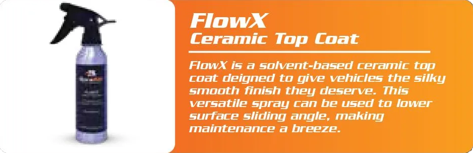 A spray bottle of FlowX Ceramic Top Coat next to text explaining its use as a solvent-based vehicle finish.