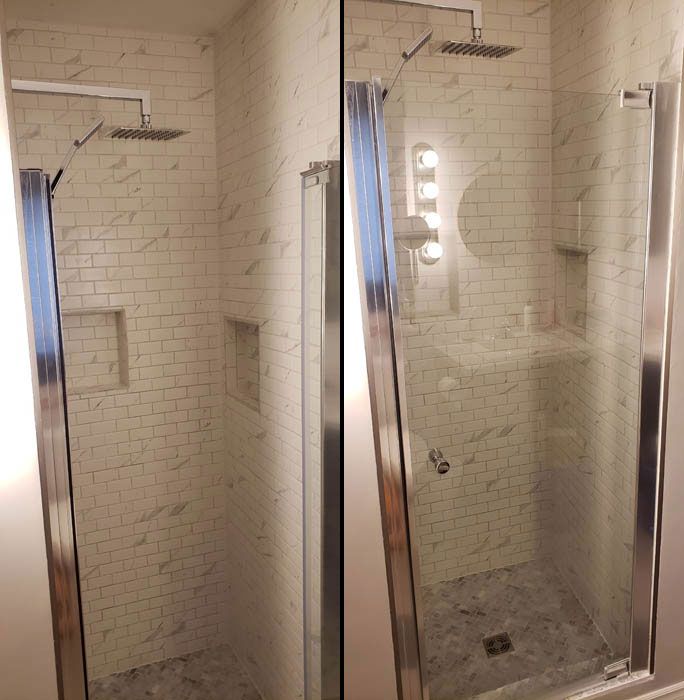 Two views of a tiled shower with a glass door, rainfall showerhead, and recessed shelves.