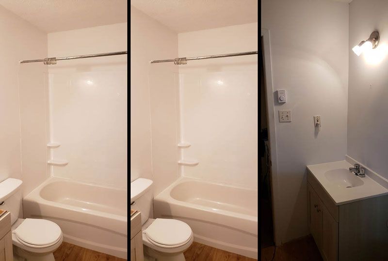 A split-view showing a clean bathroom with a white bathtub, shower surround, toilet, and vanity with lighting.