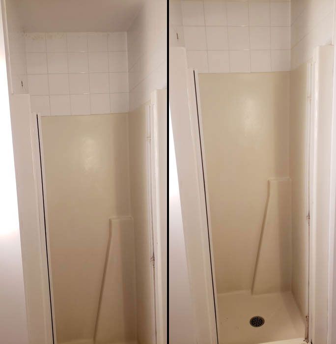 Split view of a cream-colored walk-in shower stall with white tiled walls above the surround.