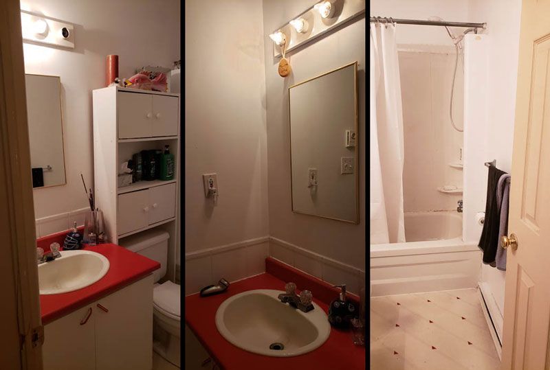 A collage showing three views of a bathroom with white cabinets, red countertops, a wall mirror, and a shower-tub combo.