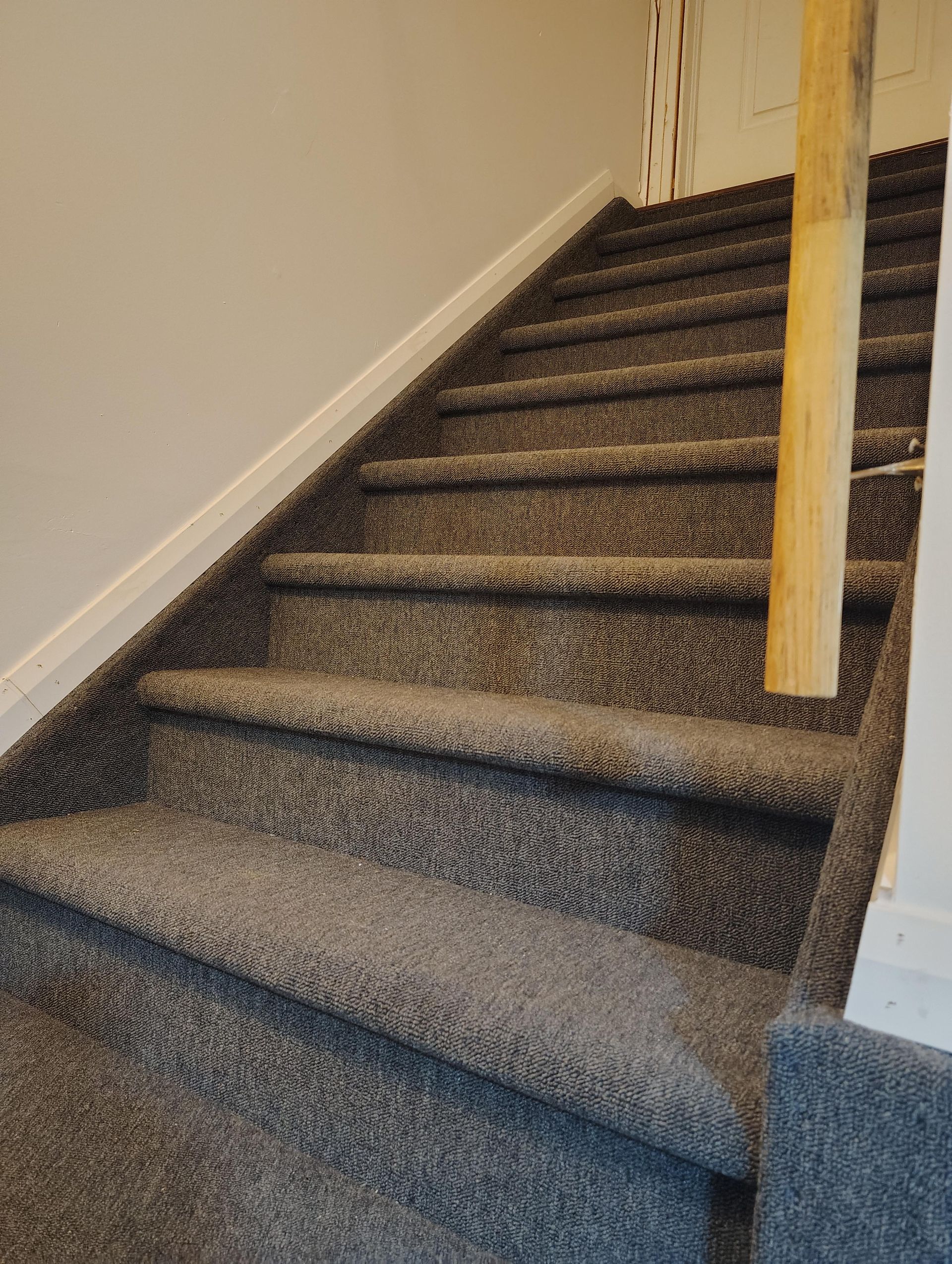 A straight staircase covered in dark grey, textured wall-to-wall carpeting with a light wooden post on the right.