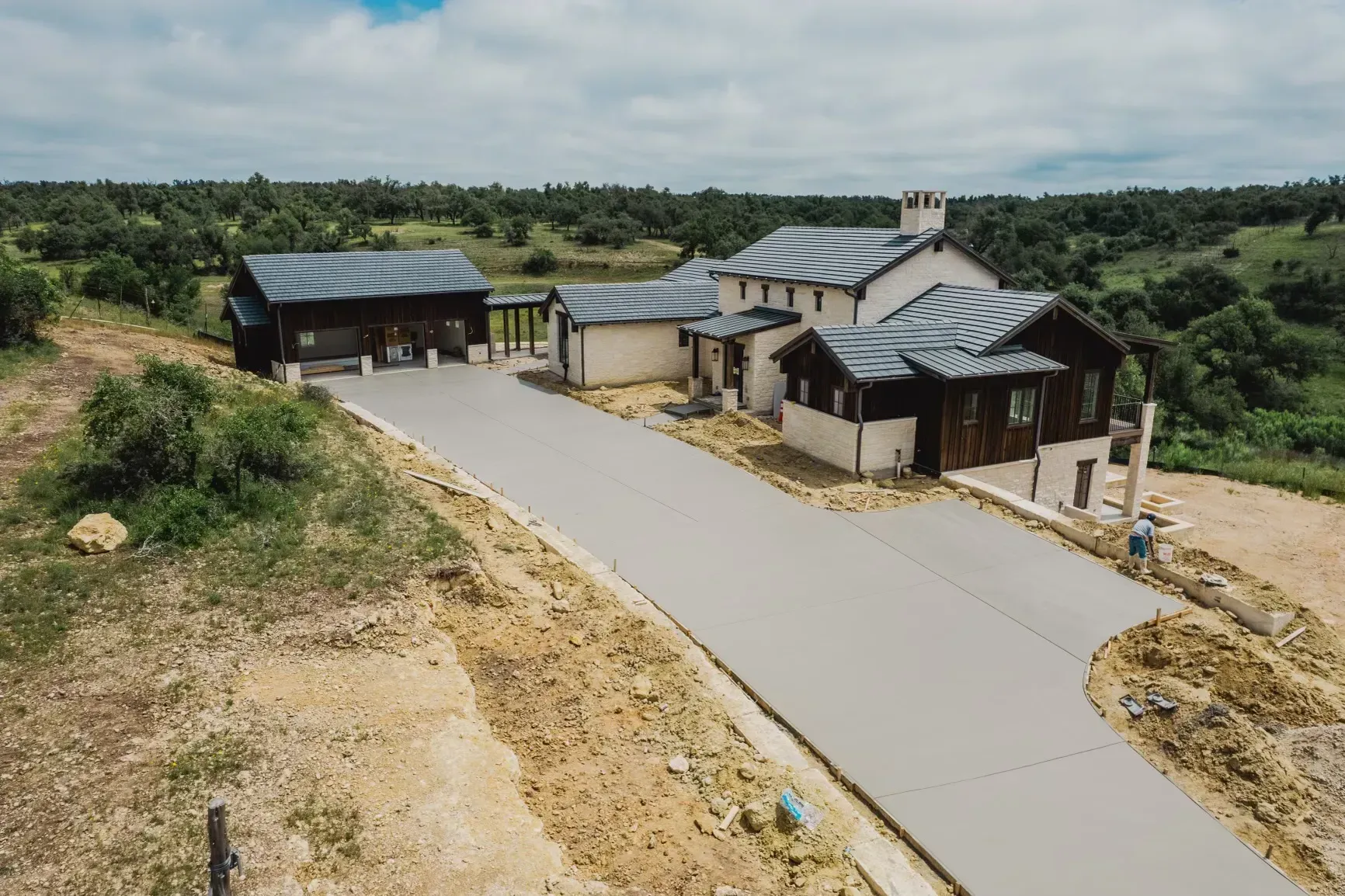 An aerial view of a large house with a driveway leading to it.