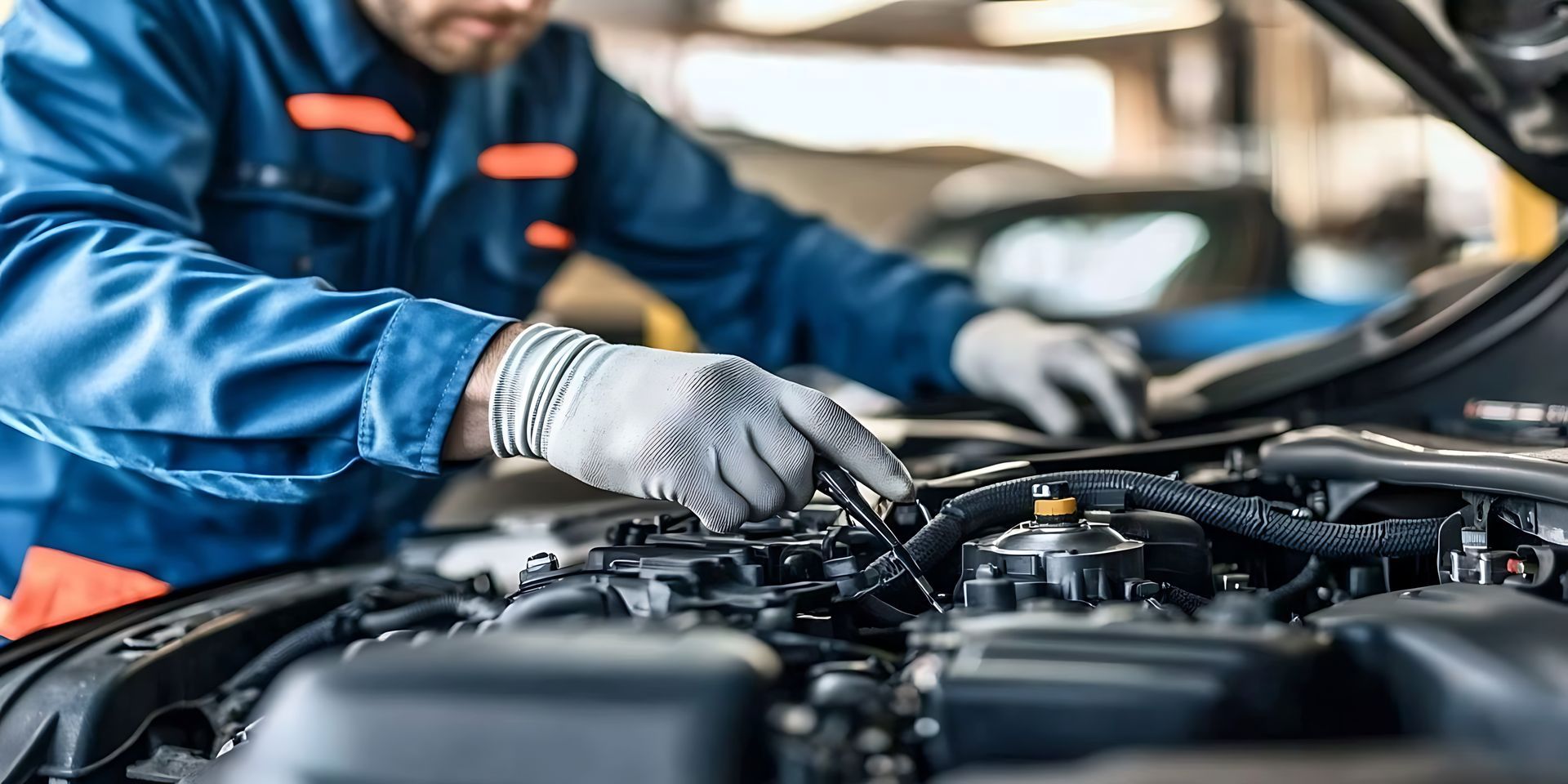 A mechanic in a blue uniform and gloves working on a car engine in a garage.