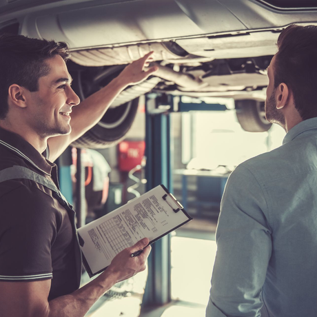 A mechanic gestures to the undercarriage of a car on a lift while explaining repairs to a customer holding a clipboard.