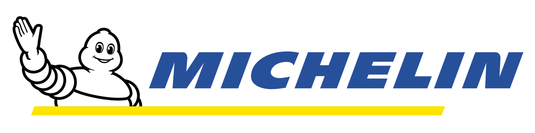 The Michelin logo featuring the white, tire-man mascot waving next to the blue brand name above a horizontal yellow line.