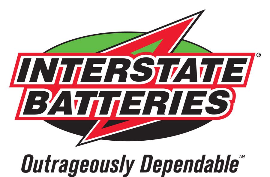 The Interstate Batteries logo features the company name in bold, black letters on a green oval background with a red 'i'.