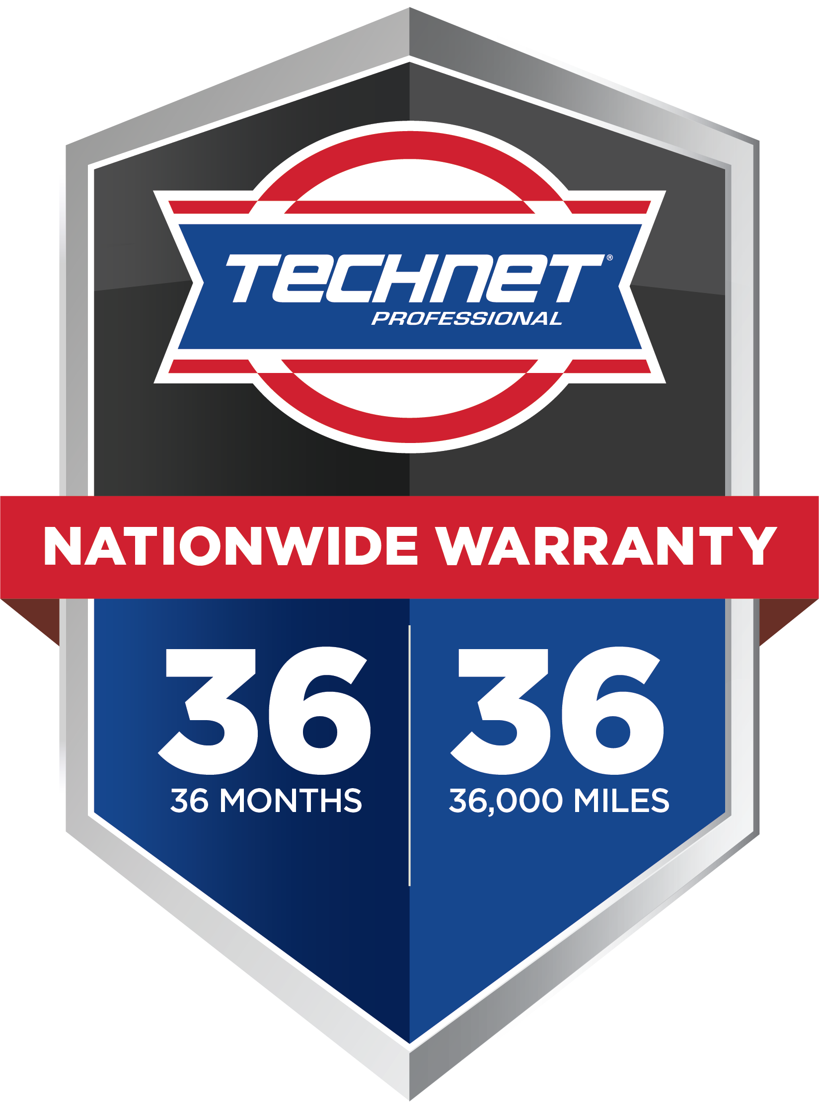 Technet Nationwide Warranty shield with 36 months and 36,000 miles in blue, red, and gray.
