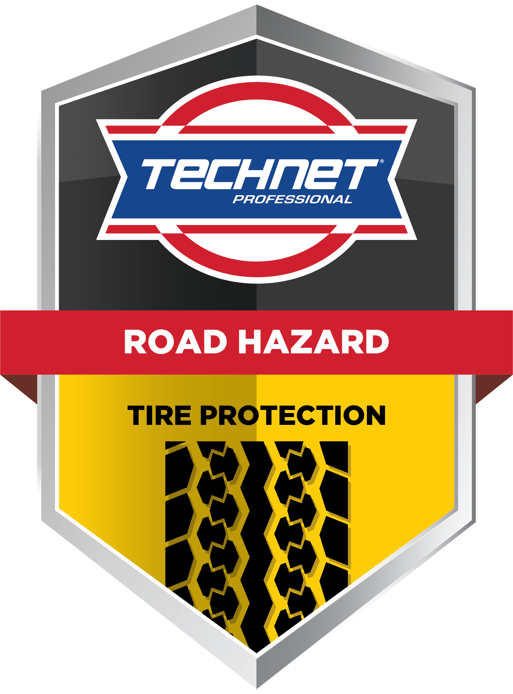 Technet Road Hazard tire protection shield logo with red banner and yellow tread pattern