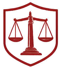 Scales of justice emblem, red, inside a red shield.