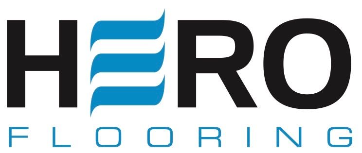 The logo for hero flooring is blue and black on a white background.