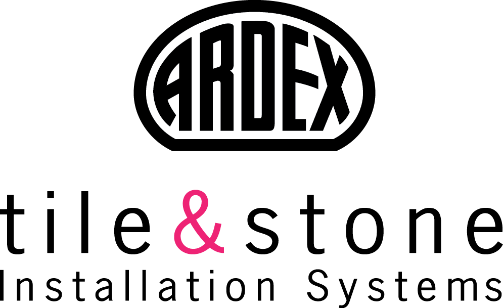The logo for ardex tile & stone installation systems is black and pink.