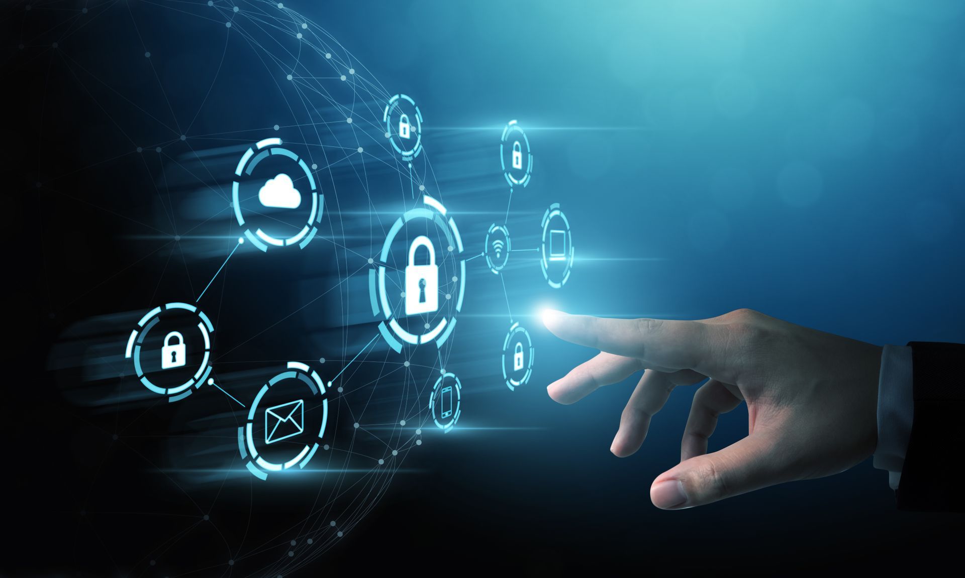 Hand touching a glowing padlock icon surrounded by digital security symbols on a blue background.