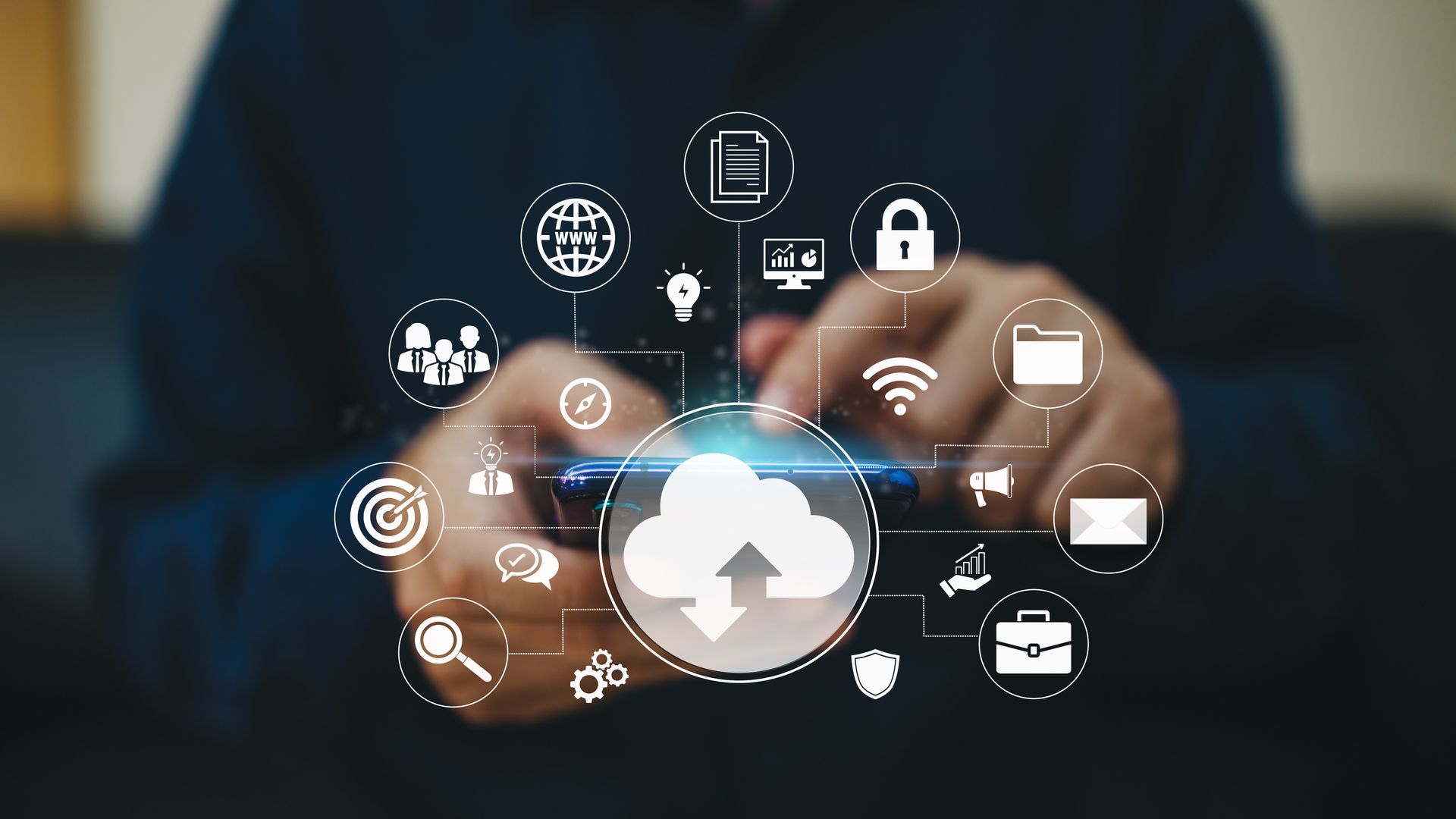Person holding phone with cloud and digital icons illustrating cloud computing and data sharing.