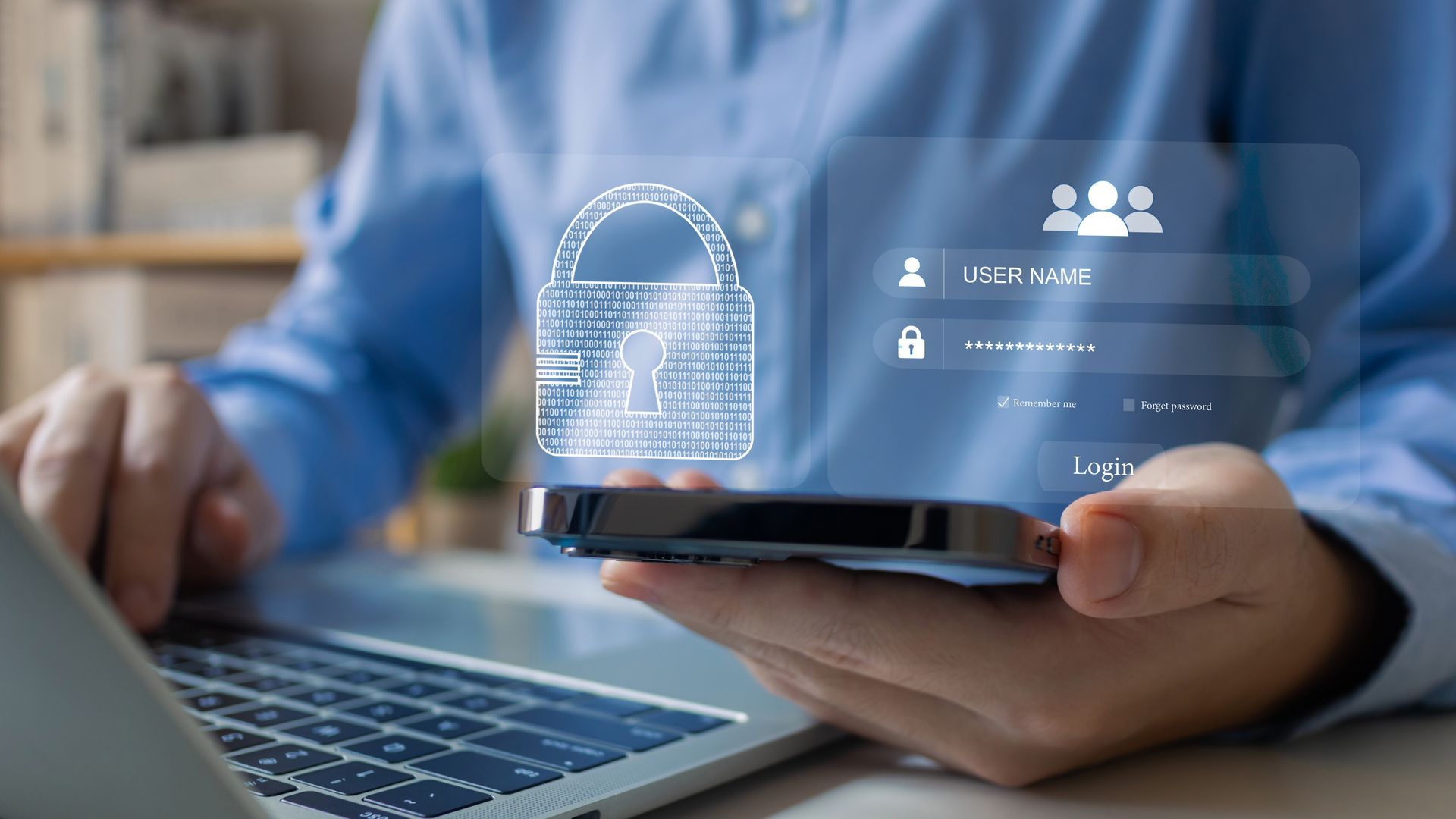 Person using laptop and phone with overlaid digital lock and login fields.