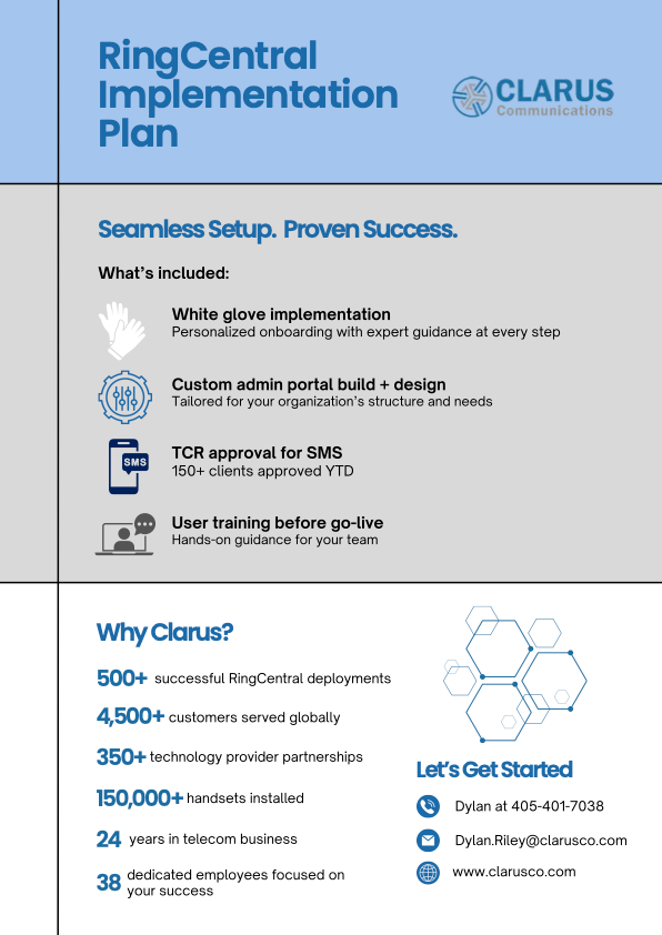 RingCentral implementation plan by Clarus. Includes features and benefits, contact information, and statistics.