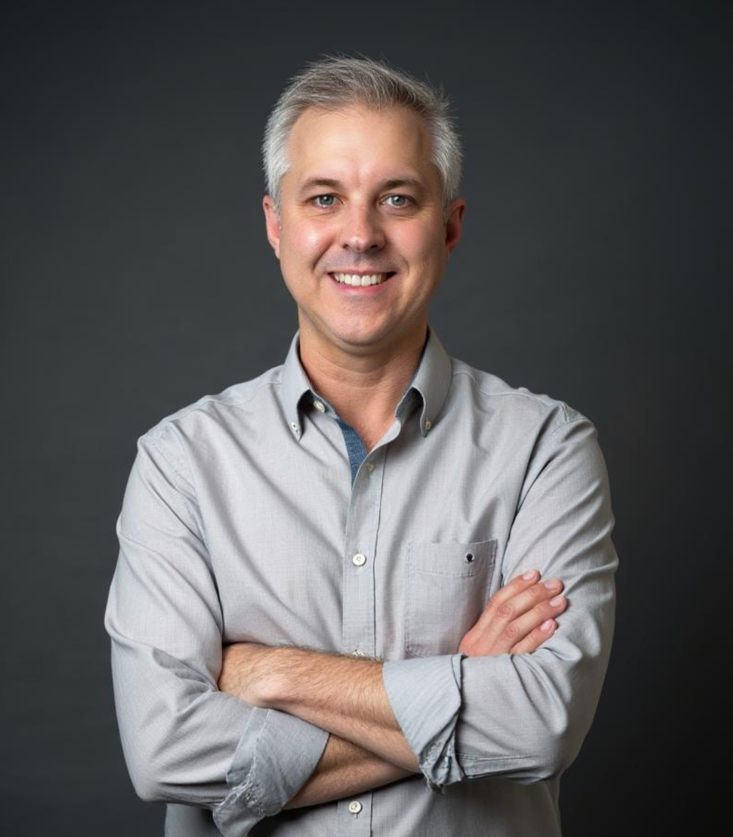 People with headsets work on laptops in an office. One smiles while typing.