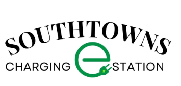 A logo for southtowns charging station with a green e on it