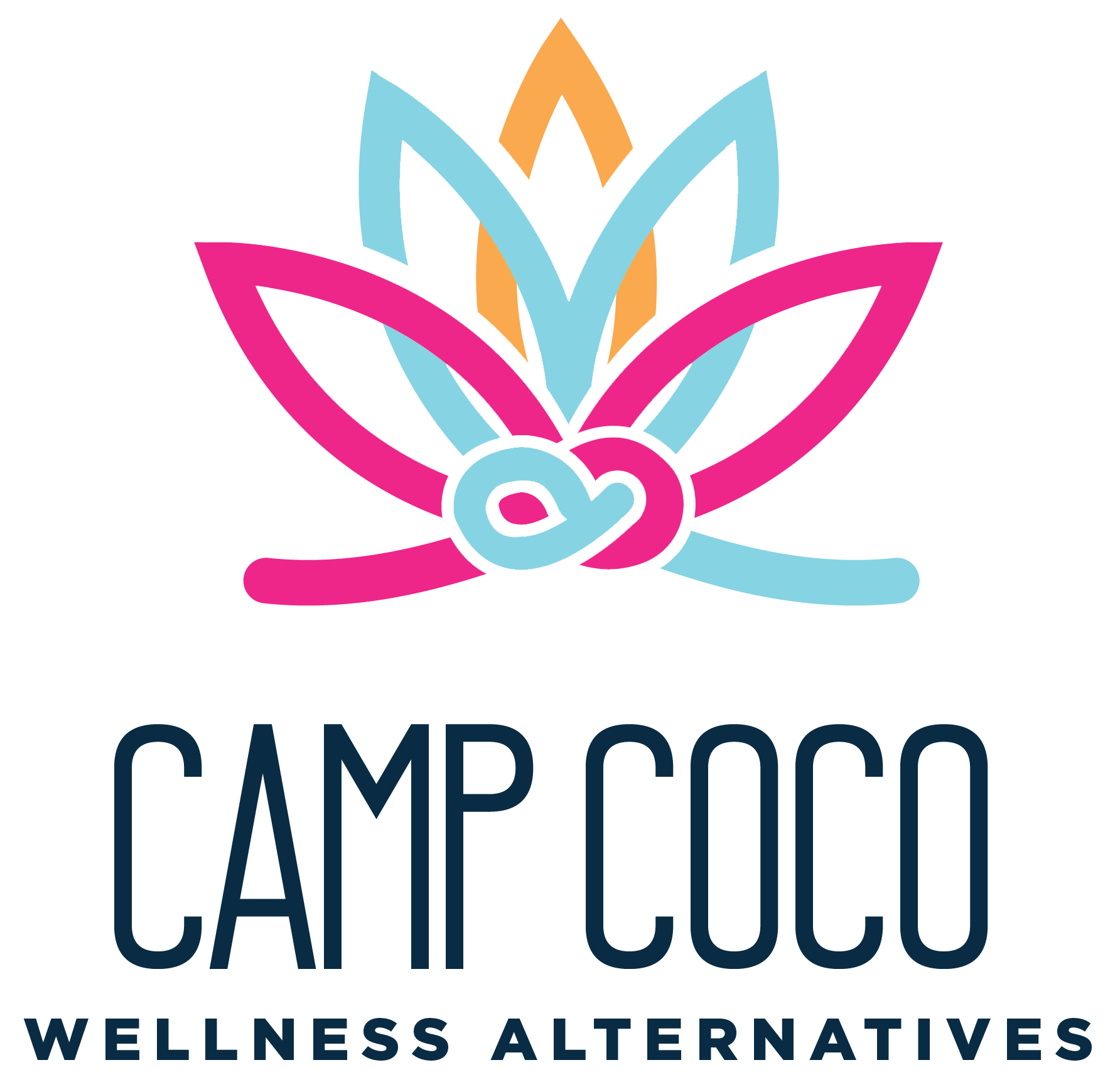 The logo for camp coco wellness alternatives is a lotus flower with a knot in the middle.