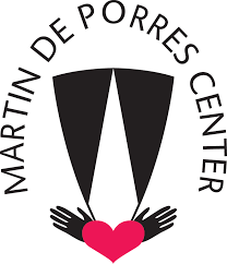 A logo for martin de porres center with two hands holding a heart.