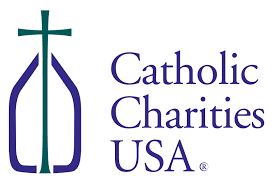 The logo for catholic charities usa has a cross on it