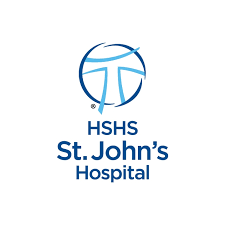 The logo for st. john 's hospital is blue and white.