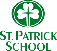 The st. patrick school logo has a clover and a cross in a green circle.