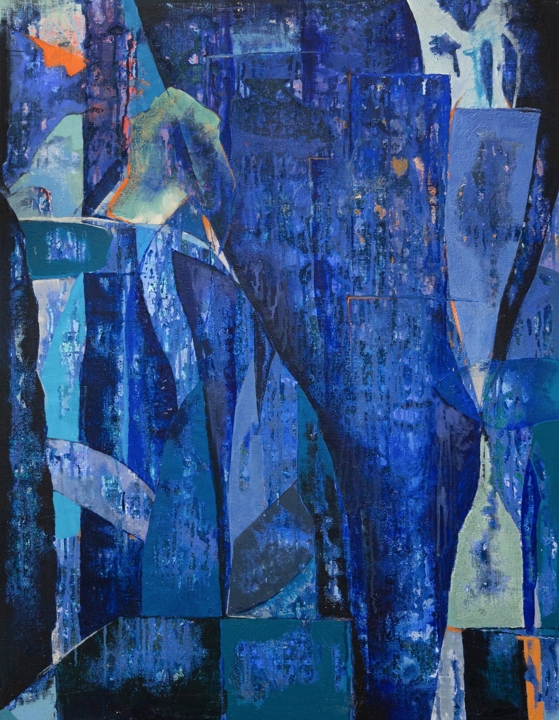 It is a painting of a blue background with a lot of different colors.