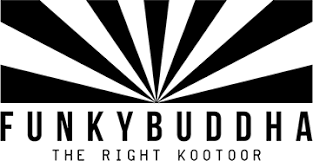 Funky Buddha logo with radiating black and white stripes above text: Funky Buddha, The Right Kootoor.