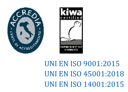 Loghi per le certificazioni ACCREDIA, Kiwa Certified e ISO 9001, 45001 e 14001.