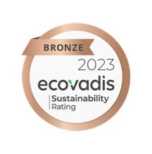 Distintivo EcoVadis Bronze Sustainability Rating 2023 in marrone e bianco.