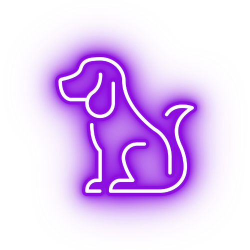 A neon sign of a dog sitting down on a white background.